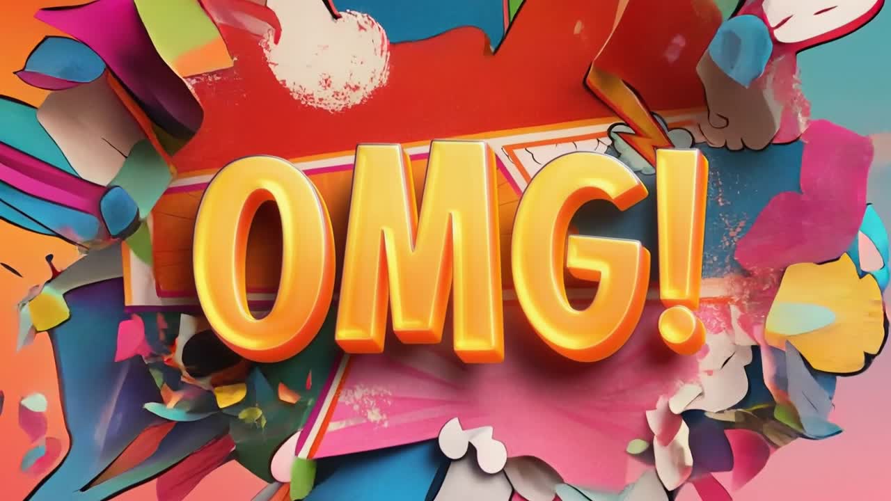 Reazione animata in stile pop art con testo 3D colorato su sfondo sfumato