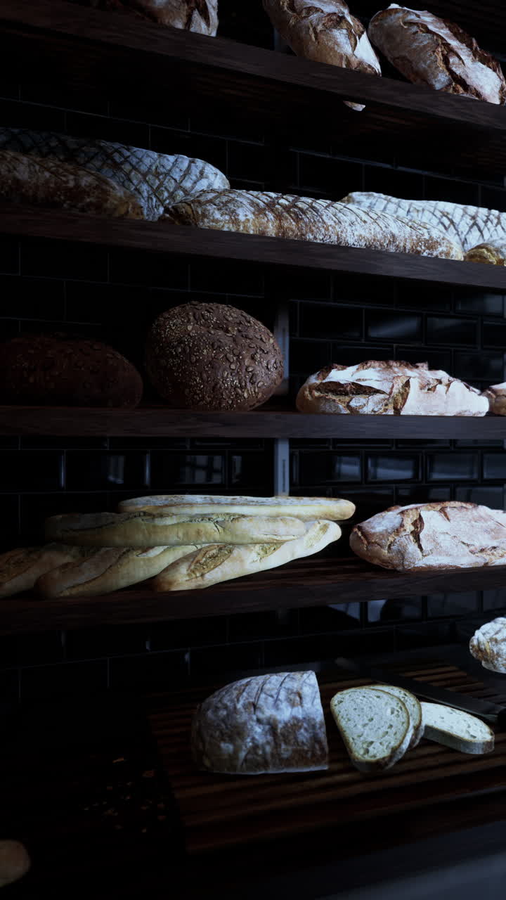A display of various types of bread in a bakery
