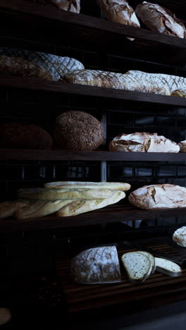 a display of various types of bread in a bakery