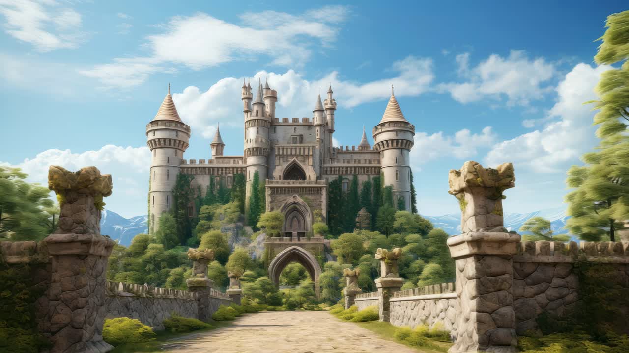 Majestic castle atop a lush hill, captured from a low-angle, perfect for a fantasy video