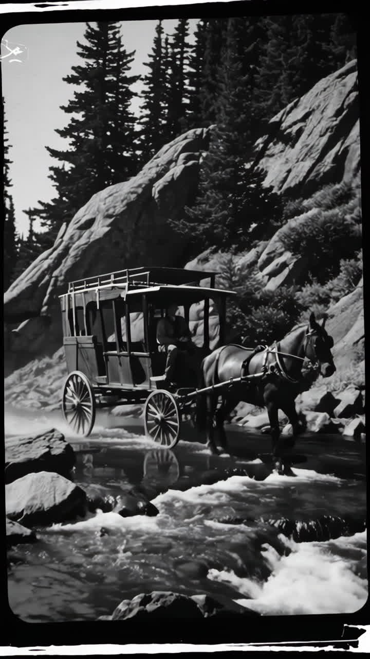 Horse-drawn Carriage Crossing a Mountain River