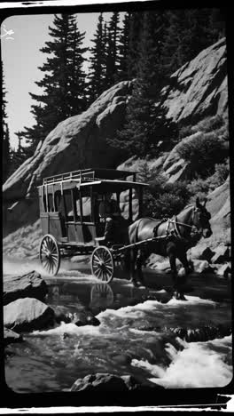 horse-drawn carriage crossing a mountain river