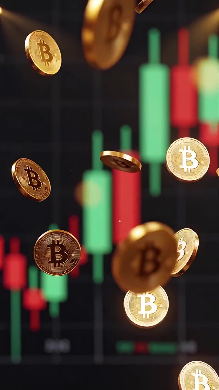Monete Bitcoin dorate con sfondo sfocato di grafico a candele 4K.
