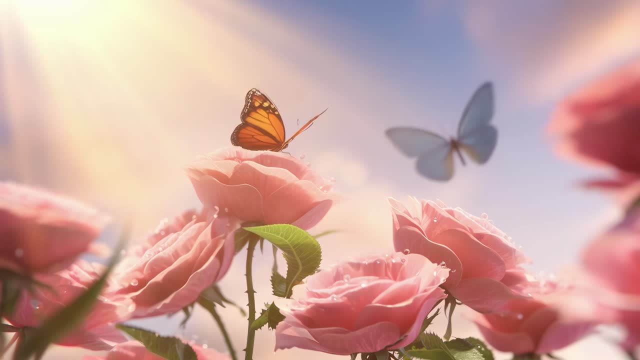 Video dal basso di farfalle su rose rosa sotto una luce solare soffusa, che cattura una scena onirica.