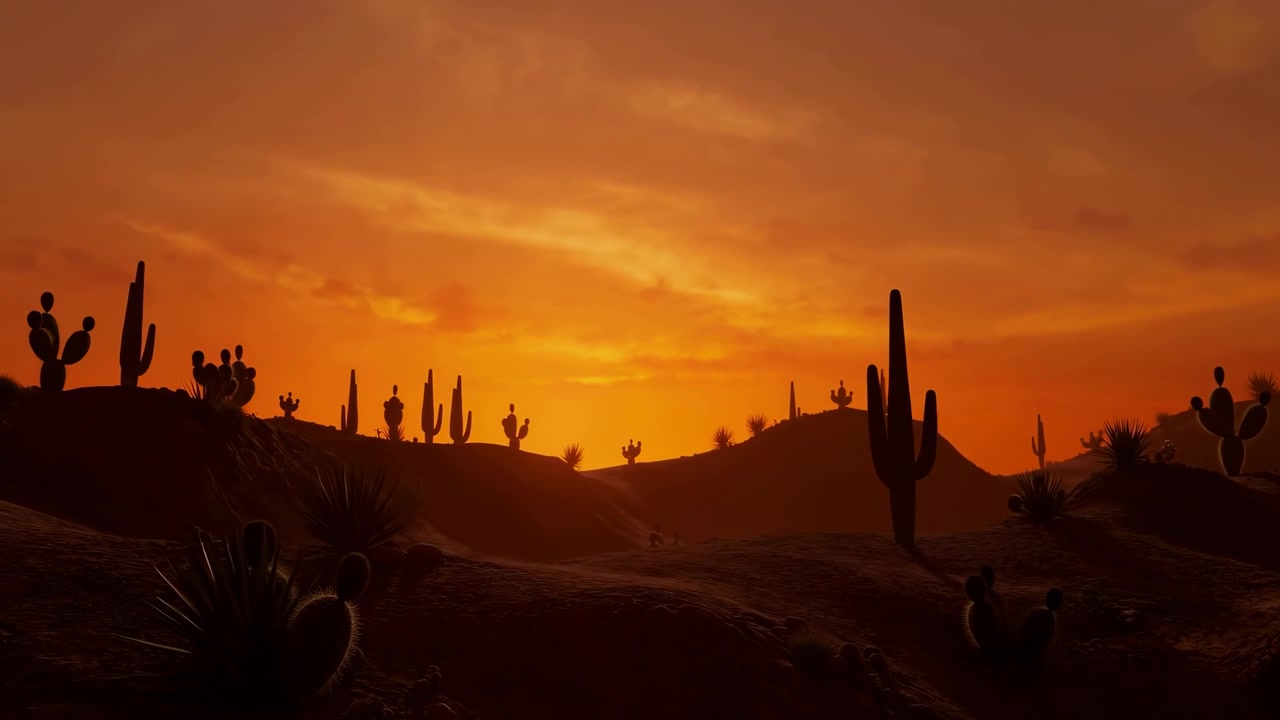 Ampio paesaggio desertico che mostra alte forme di saguaro e sagome di fichi d'India che si stagliano in silhouette attraverso dune ondulate, mentre il bagliore del tramonto si intensifica in alto, con luce ambrata all'orizzonte e colore del cielo a strati.