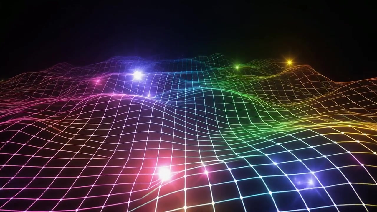Dynamic Rainbow Wireframe Grid with Glowing Lights Moving Across Abstract Landscape