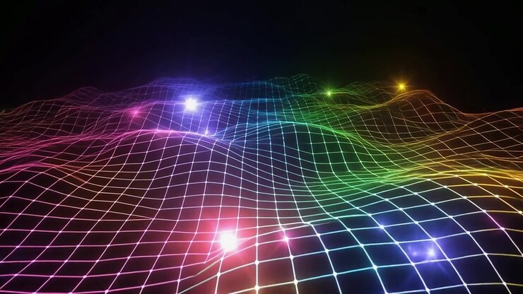 Dynamic Rainbow Wireframe Grid with Glowing Lights Moving Across Abstract Landscape