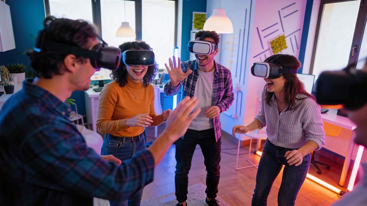 Starting VR demo, four teammates wearing headsets, casual wear reaching in office with neon lights