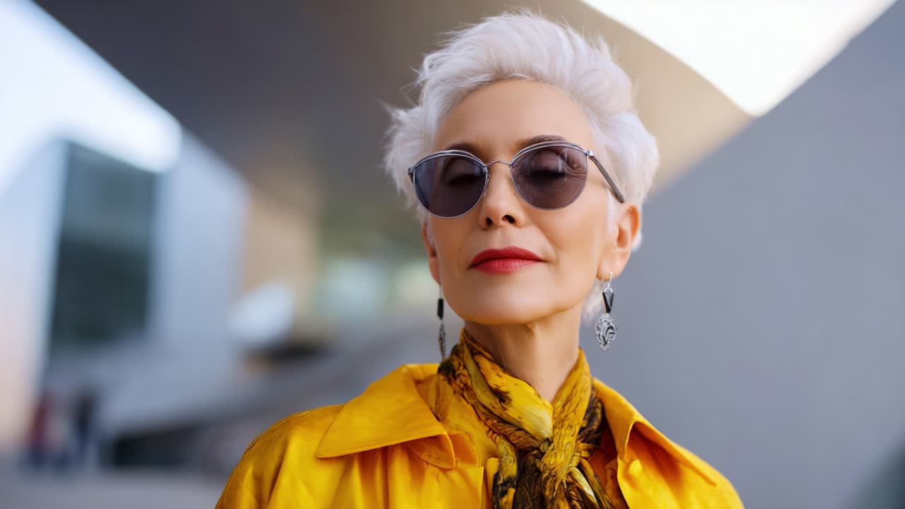 Elegant woman with striking white hair, stylish sunglasses, and vibrant yellow outfit showcases confidence against a modern architectural background