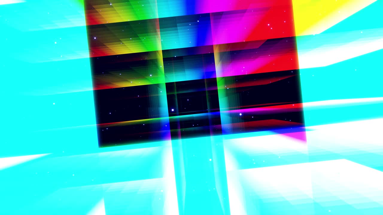 glow rectángulos, rayas y líneas. diseño de movimiento vj bucle. estructura 3d. gráfico de movimiento, cámara fly throungh espacio de arte abstracto, estructura multicapa con patrón y partículas. color gradiente arco iris