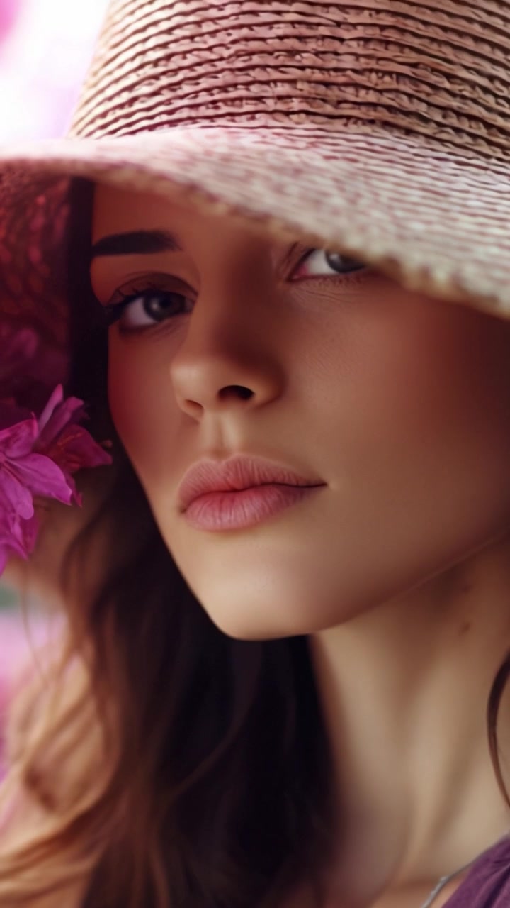 Bellezza Accattivante: Un primo piano di una donna con un cappello di paglia circondata da delicati fiori rosa, che emana eleganza e serenità in una morbida luce naturale