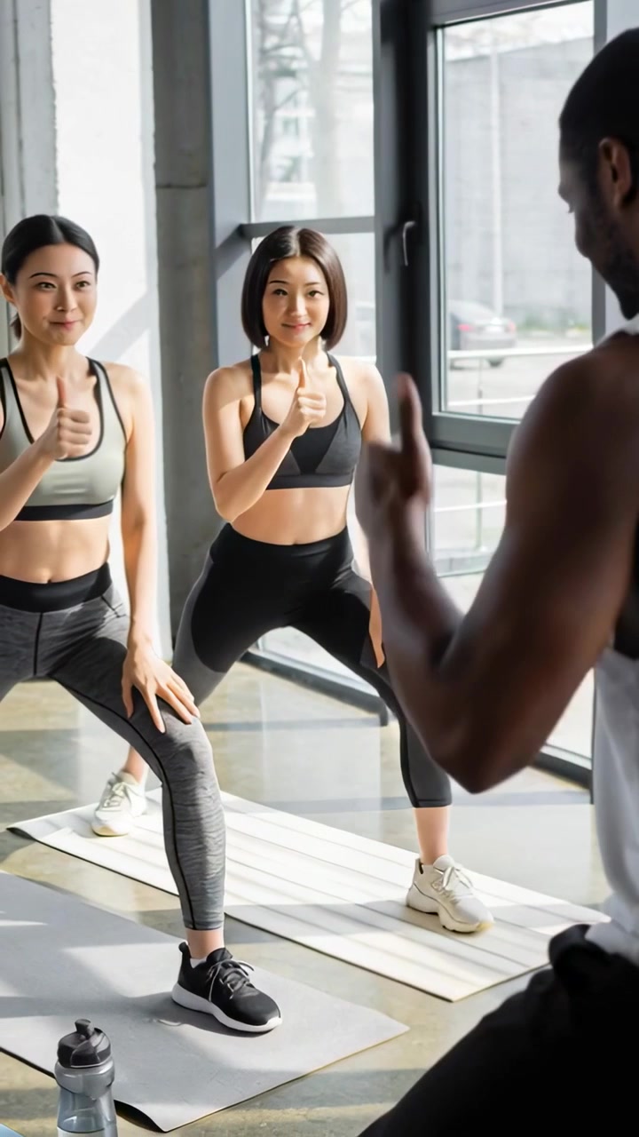 Video verticale: Su indicazione dell'allenatore, due donne si abbassano e si alzano in squat su tappetini da palestra, indossando reggiseni sportivi.