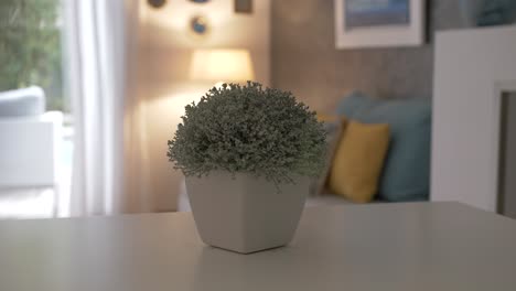 a small artificial plant in a white pot on a white table