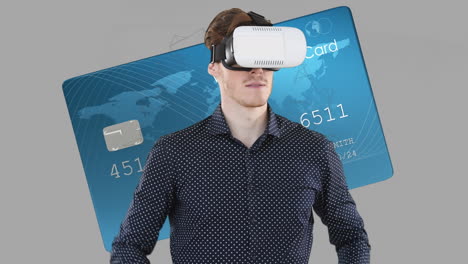 caucasian man wearing vr headset over bank card