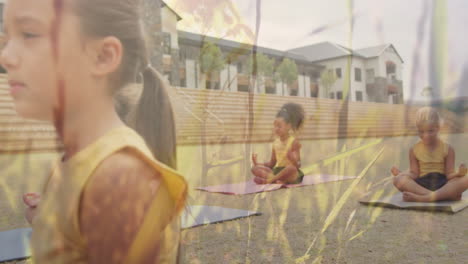 animación de hierbas sobre diversas escolares sentadas en una clase de yoga al aire libre