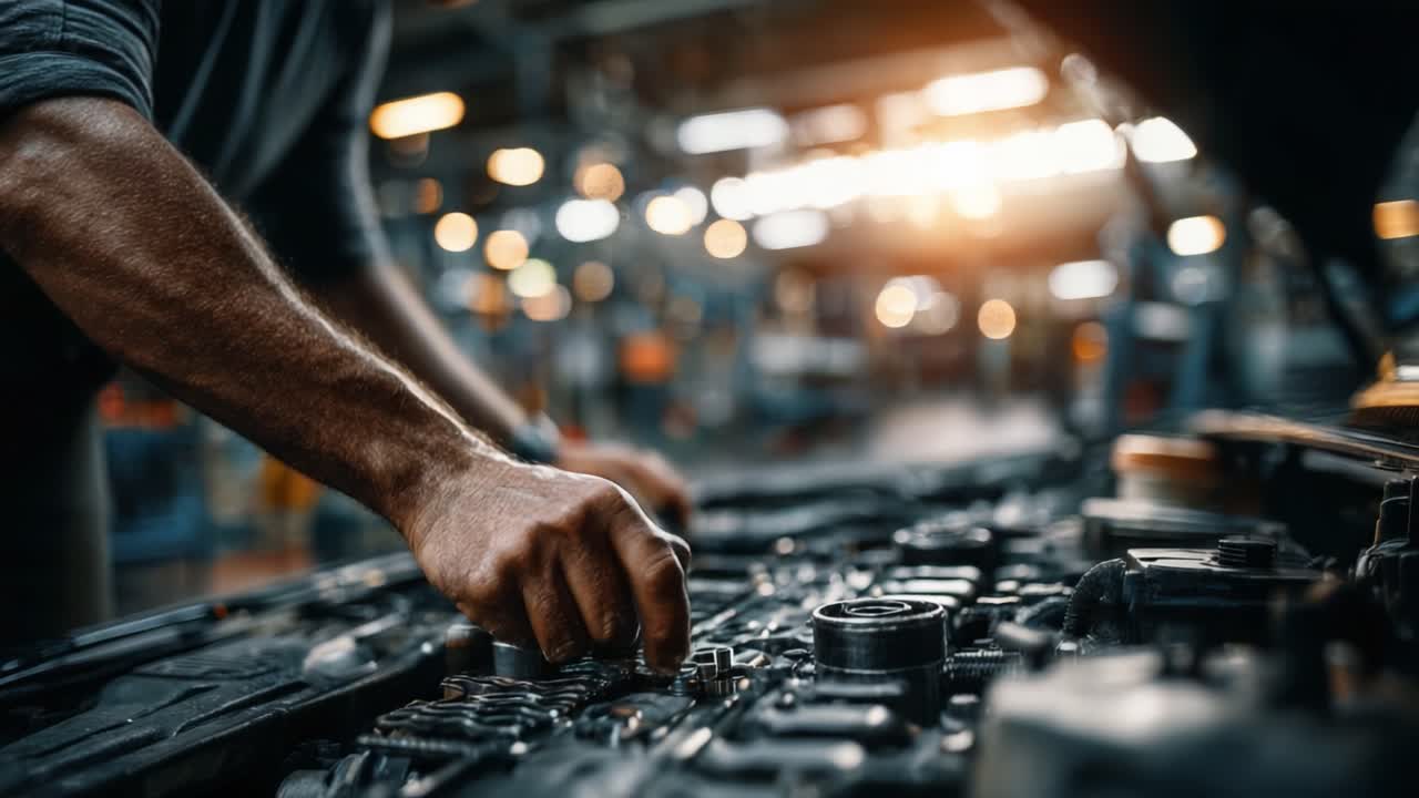 An Expert Mechanic Skillfully Repairs an Engine Under Bright Workshop Lighting, Showing Precision and Attention to Detail in Automotive Maintenance