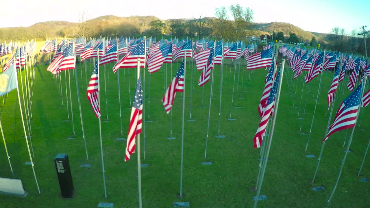 미국 국기의 디스플레이 위에 공중선이 아메리카 재향군인 1을 기립니다.