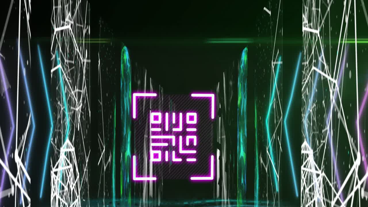 animación del código qr a través de una red de conexiones en pantallas