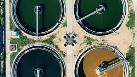 top view of group of clarifiers at a sewage treatment plant