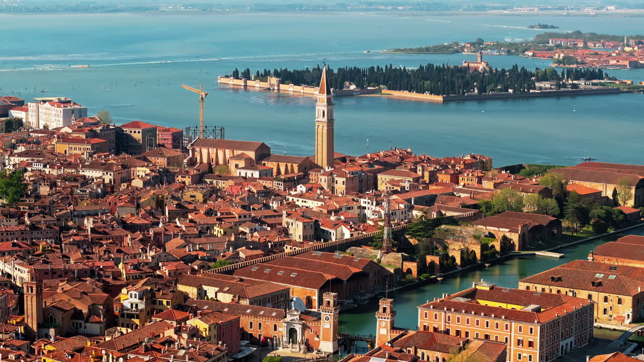 Aerial drone view of Venice City, Italy on a sunny day