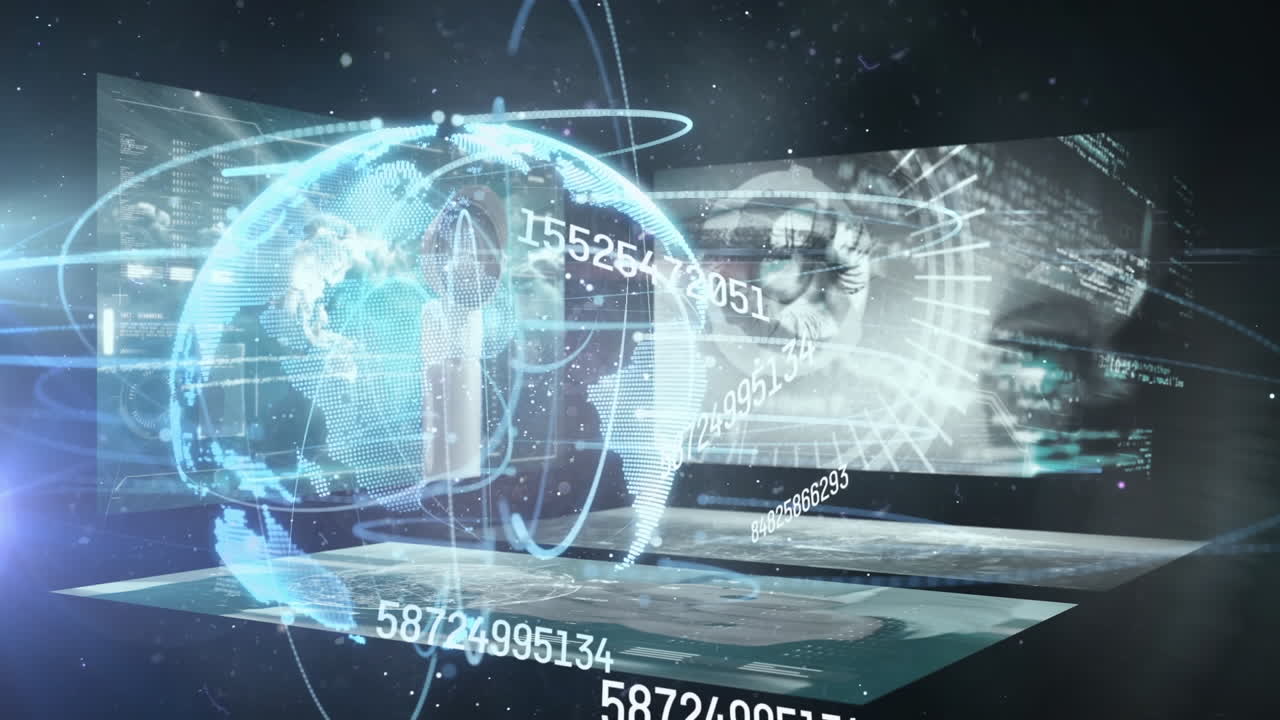 화면을 통해 연결 네트워크와 데이터 처리를 가진 지구의 애니메이션