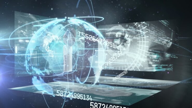 Animation of globe with network of connection and data processing over screens
