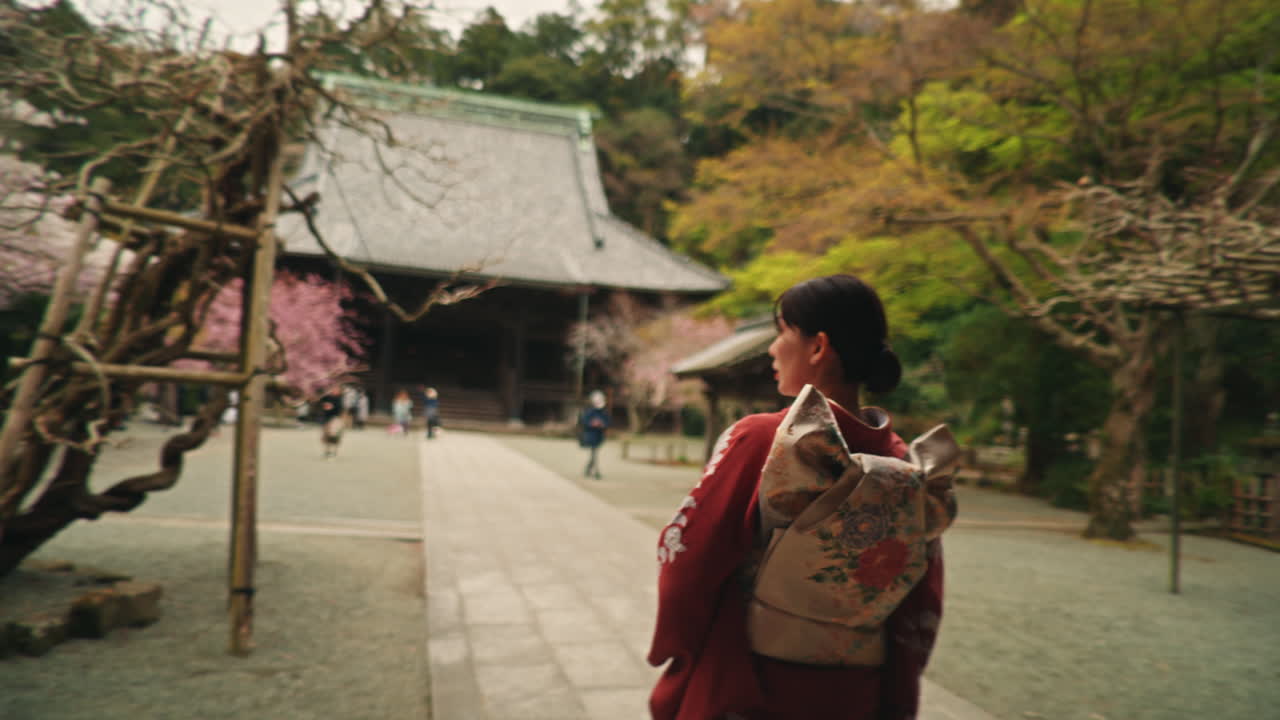 Woman in Kimono at Japanese Temple with Cherry Blossoms