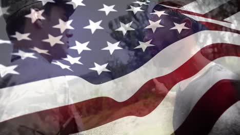 Animation-of-flag-of-america-waving-over-diverse-superior-instructing-soldiers-during-drill