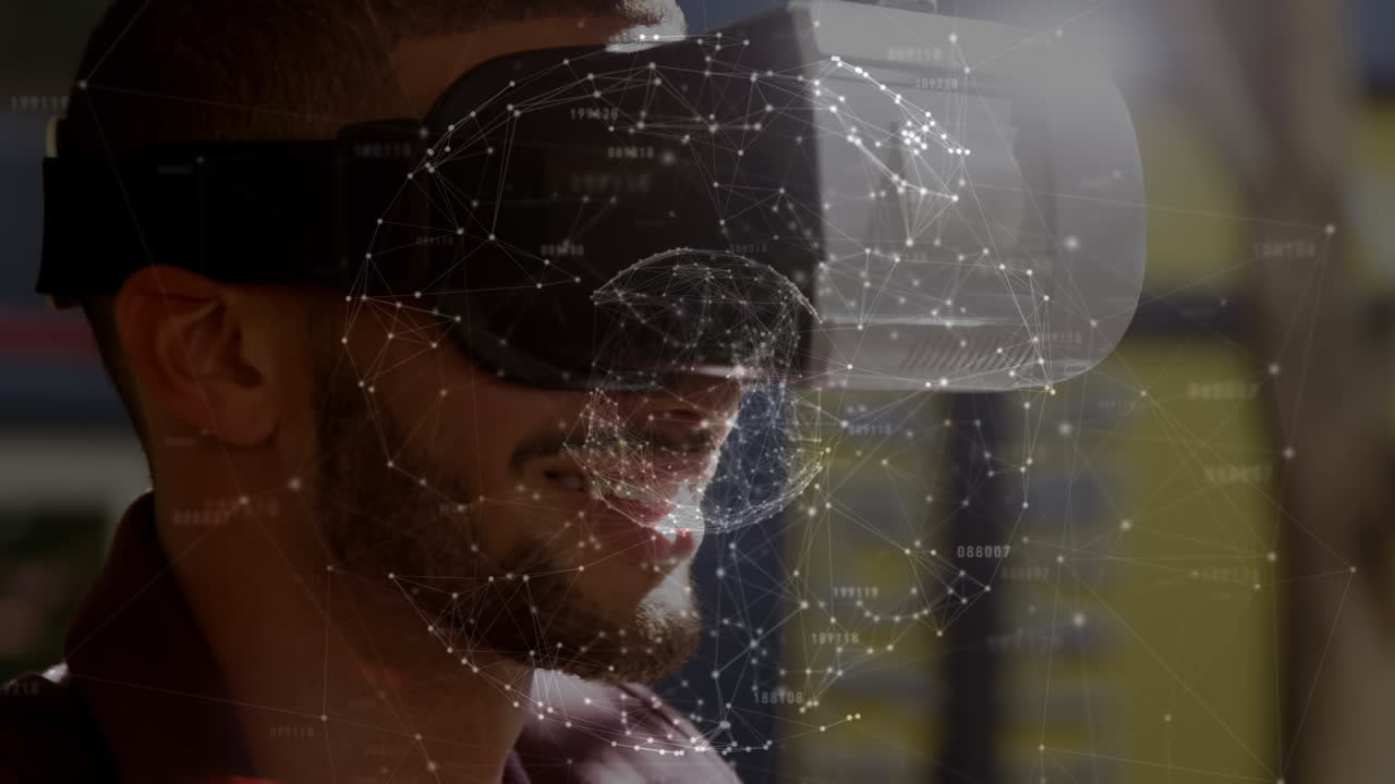 Animazione di elaborazione dati su uomo birazziale che usa un visore VR