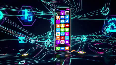 smartphone with app icons in a futuristic digital network