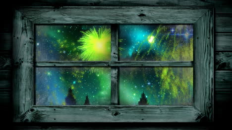 animation of window with green christmas and new year fireworks exploding in starry night sky