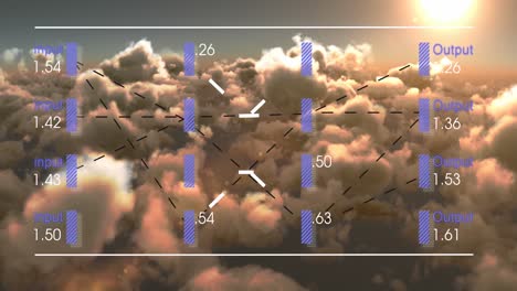 animation of interface with data processing against clouds and shining sun in the sky