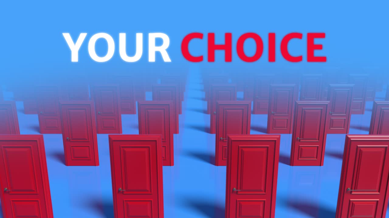 파란 바탕에 은 나무로 된 닫힌 문의 줄, 선택, 사업 및 성공 개념, 환영, 새로운 기회, 안개, 3d 애니메이션 루프, 4k