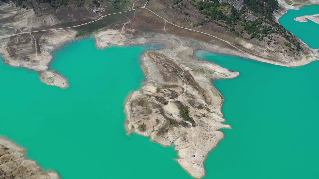 Zeleno jezero lake reservoir in Croatia panoramic shot from above, Aerial pedestal lift shot