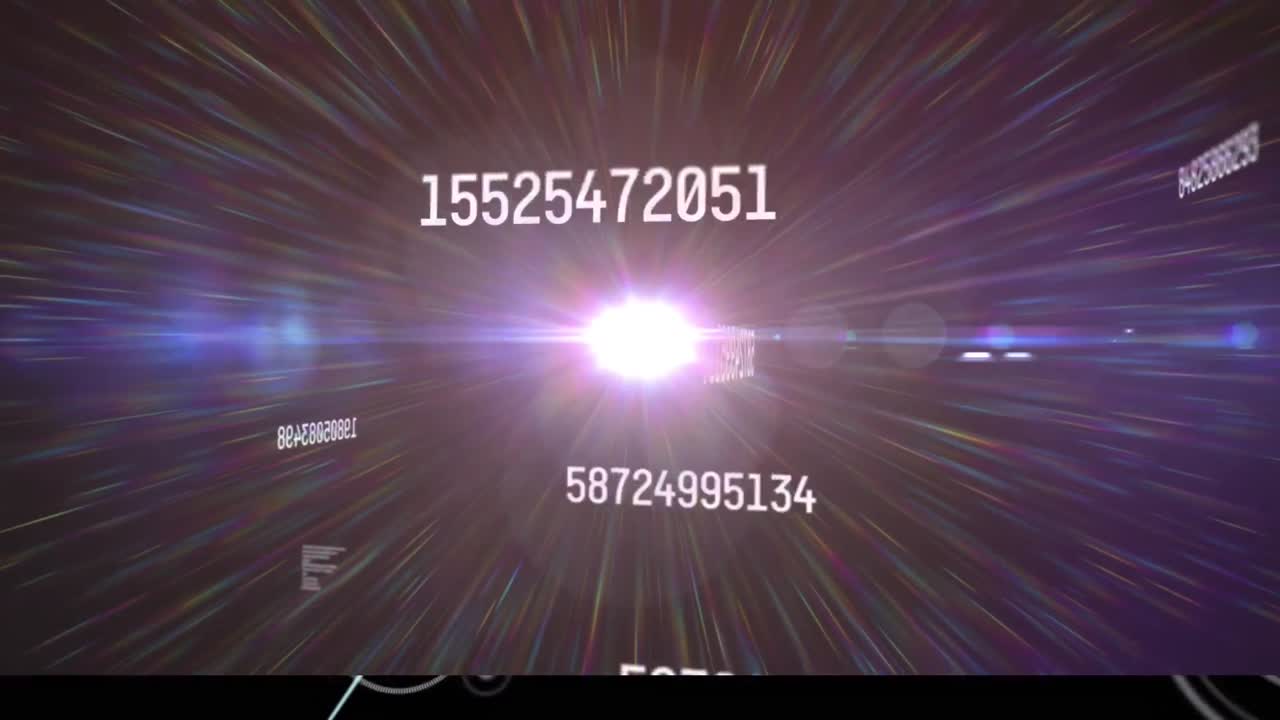 Animation of numbers changing over glowing light on purple background