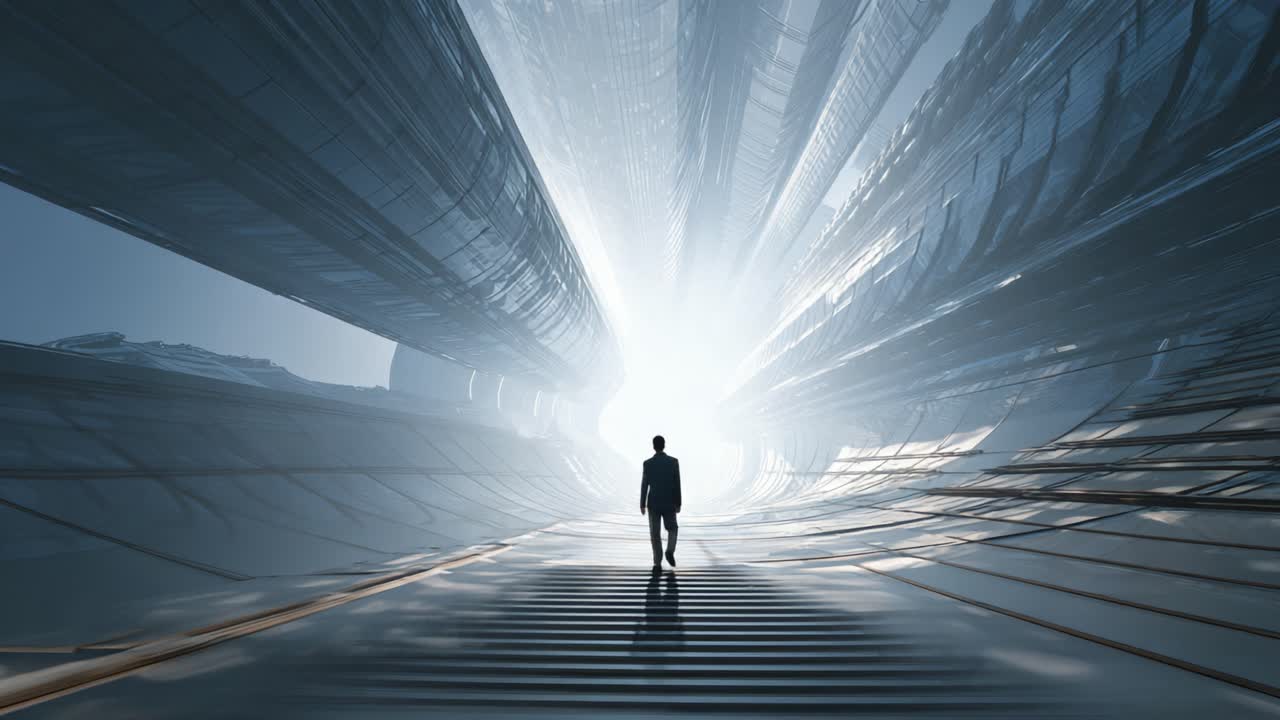 Rear view of a lone businessman walking towards a bright light at the end of a vast, modern, and futuristic architectural tunnel, symbolizing success, future, and new opportunities