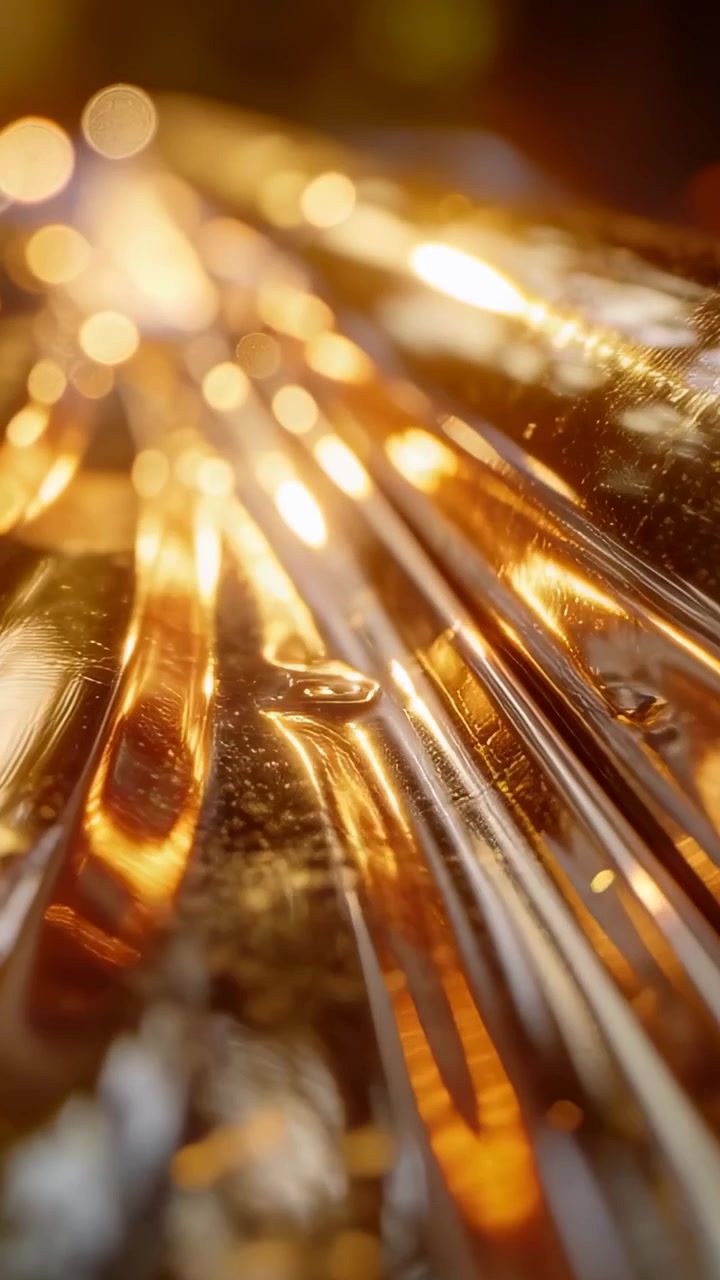 Video verticale: Telecamera scorrevole che rivela una superficie ambrata scanalata in studio, mostrando scanalature e bokeh.