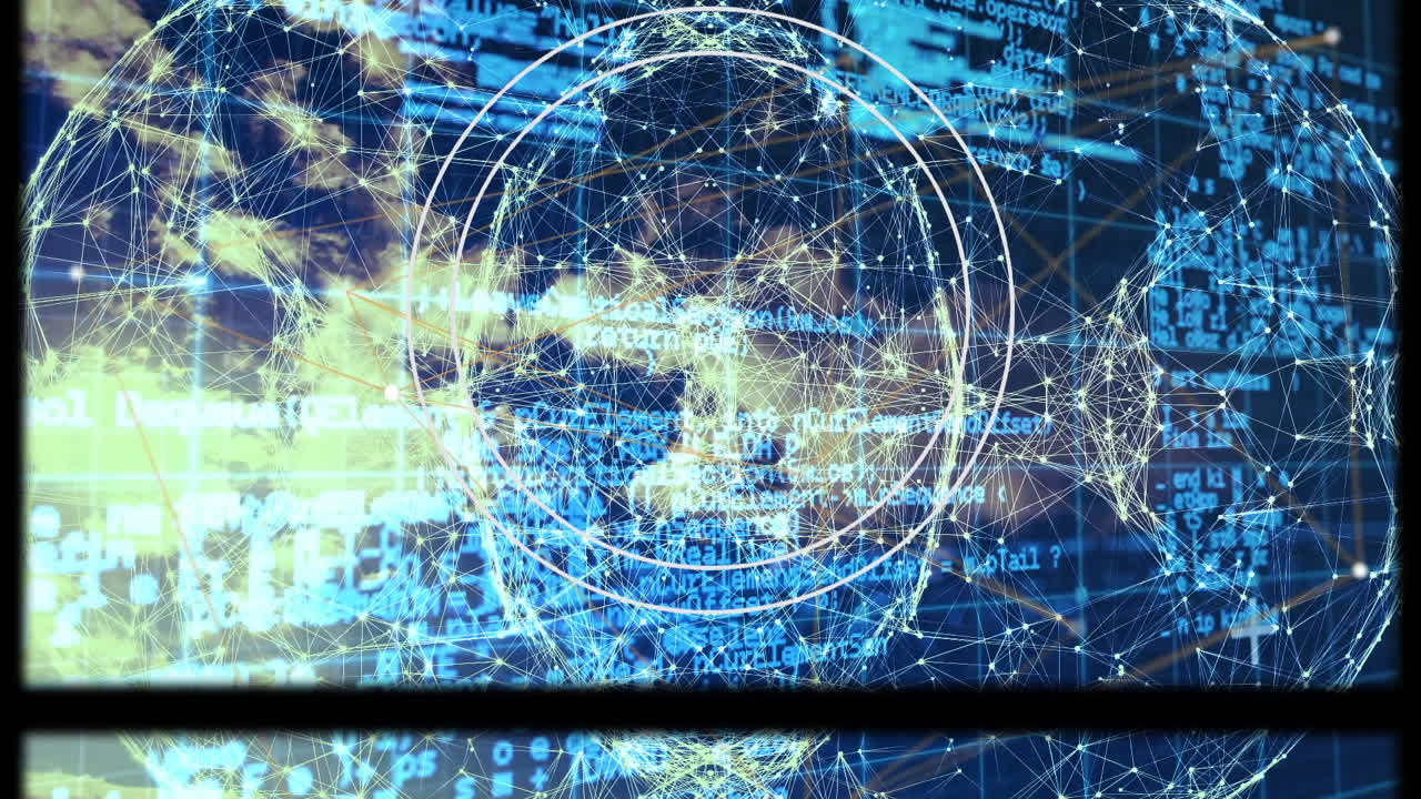 pantallas múltiples con procesamiento de datos y red de conexiones contra nubes en el cielo