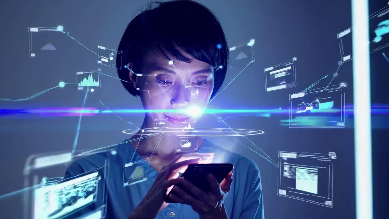 Concetto futuristico con una donna che usa uno smartphone, circondata da interfacce digitali