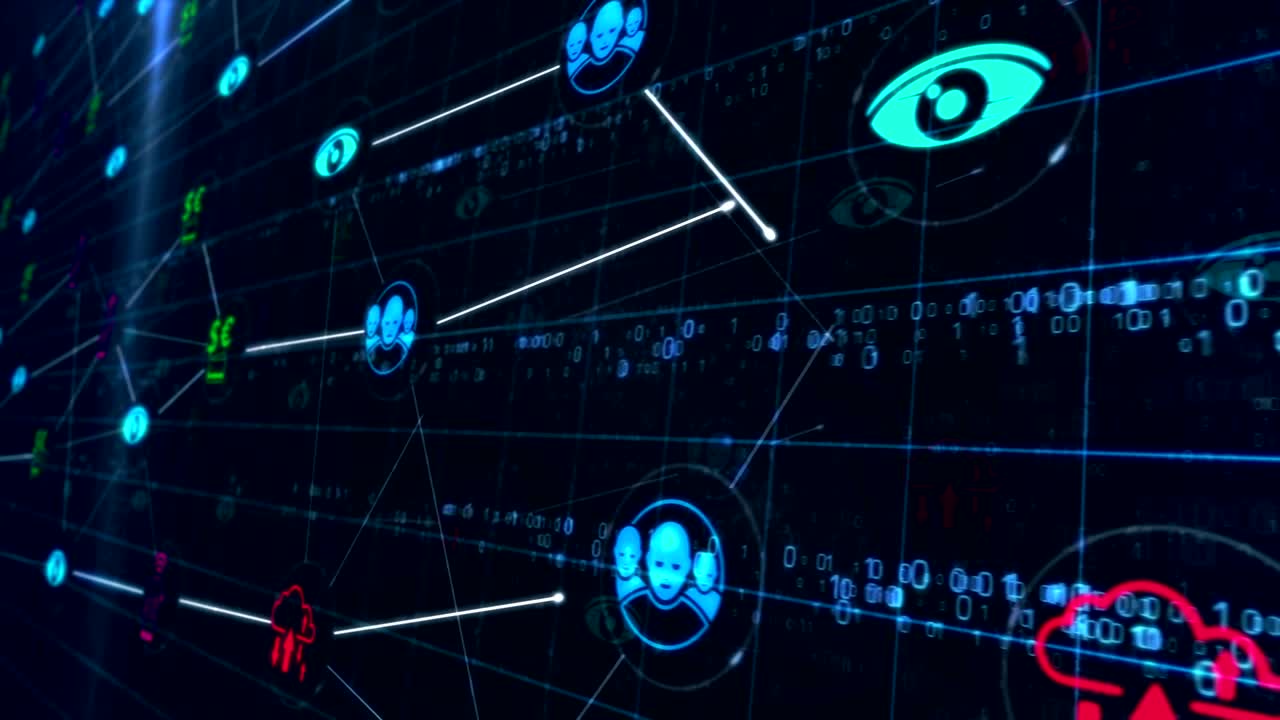 Social scoring and surveillance symbols on servers room in background loop