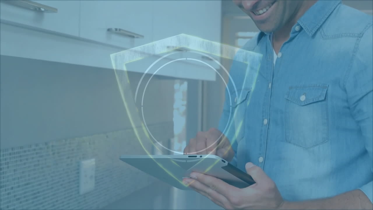 Smiling person using tablet with digital security shield animation overlay