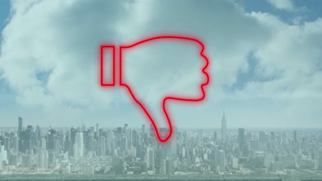 animation of thumbs down red neon icon over cityscape