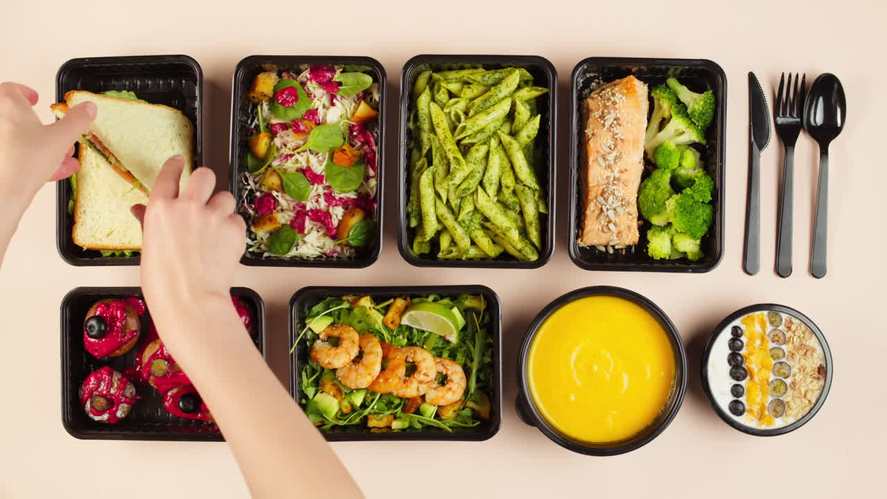 Vista dall'alto di alimenti sani per la preparazione dei pasti in contenitori