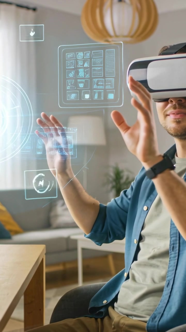 Video vertical: Paneles apareciendo, hombre en camisa usando gafas de realidad virtual y reloj navegando un menú en casa.