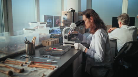 paleontólogos examinando fósiles bajo un microscopio en un entorno de laboratorio.