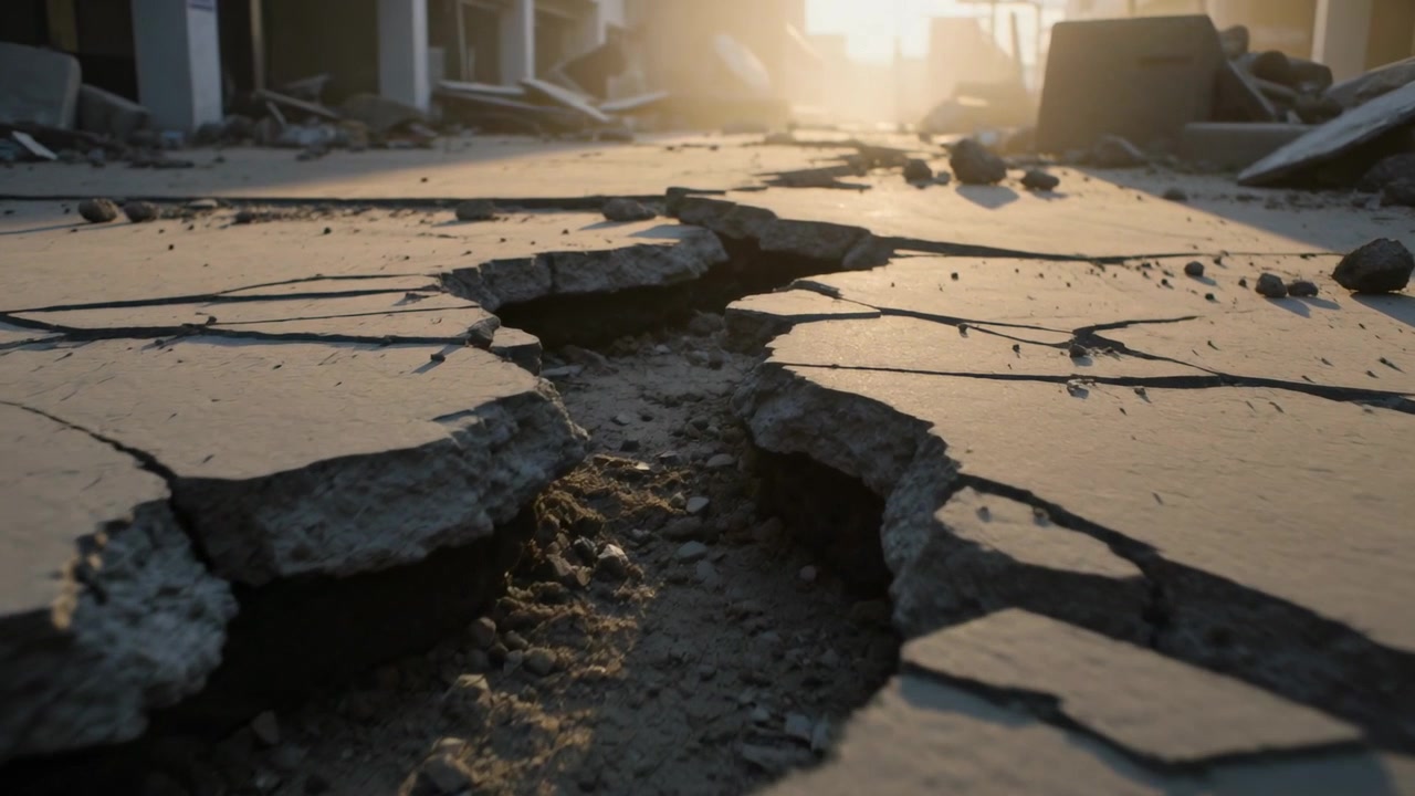Moving low camera revealing central fissure on cracked floor inside collapsed corridor, and rubble
