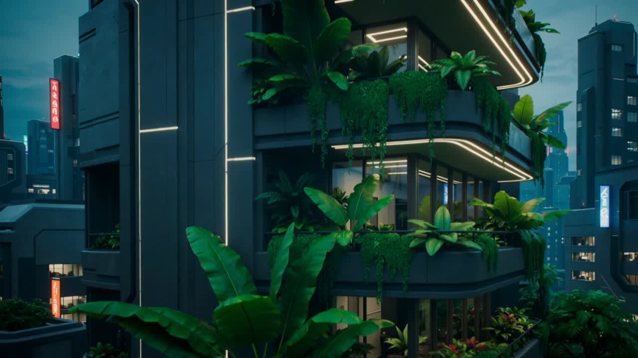 Panning camera revealing tower's planted balconies and LEDs at dusk, showing green integration