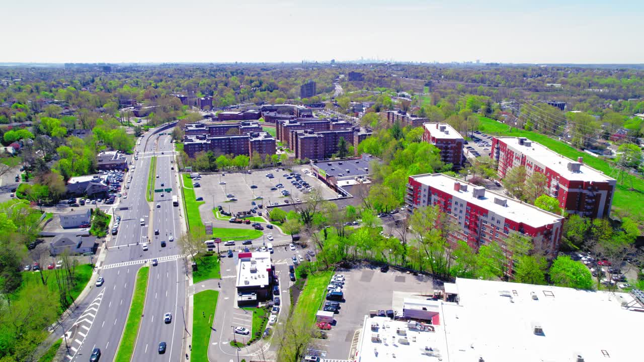 Overview aerial of Yonkers, with New York skyscrappers far away