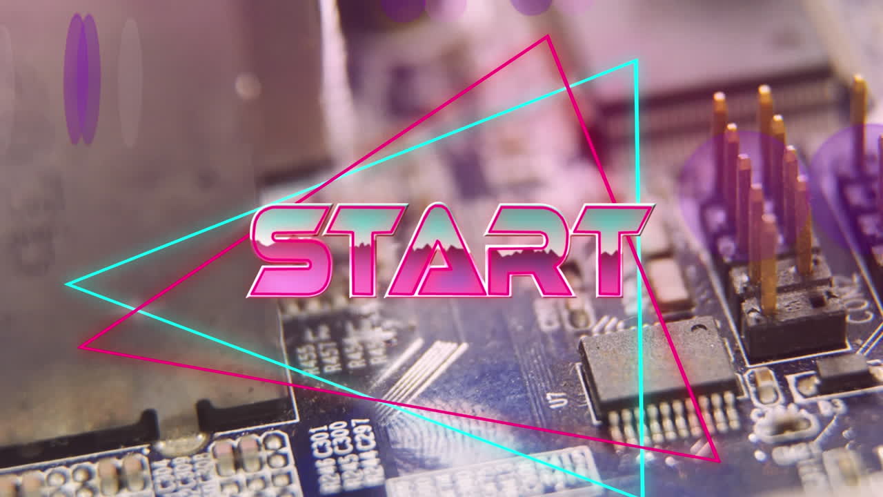 Start text on neon triangles against close up of microprocessor connections on motherboard