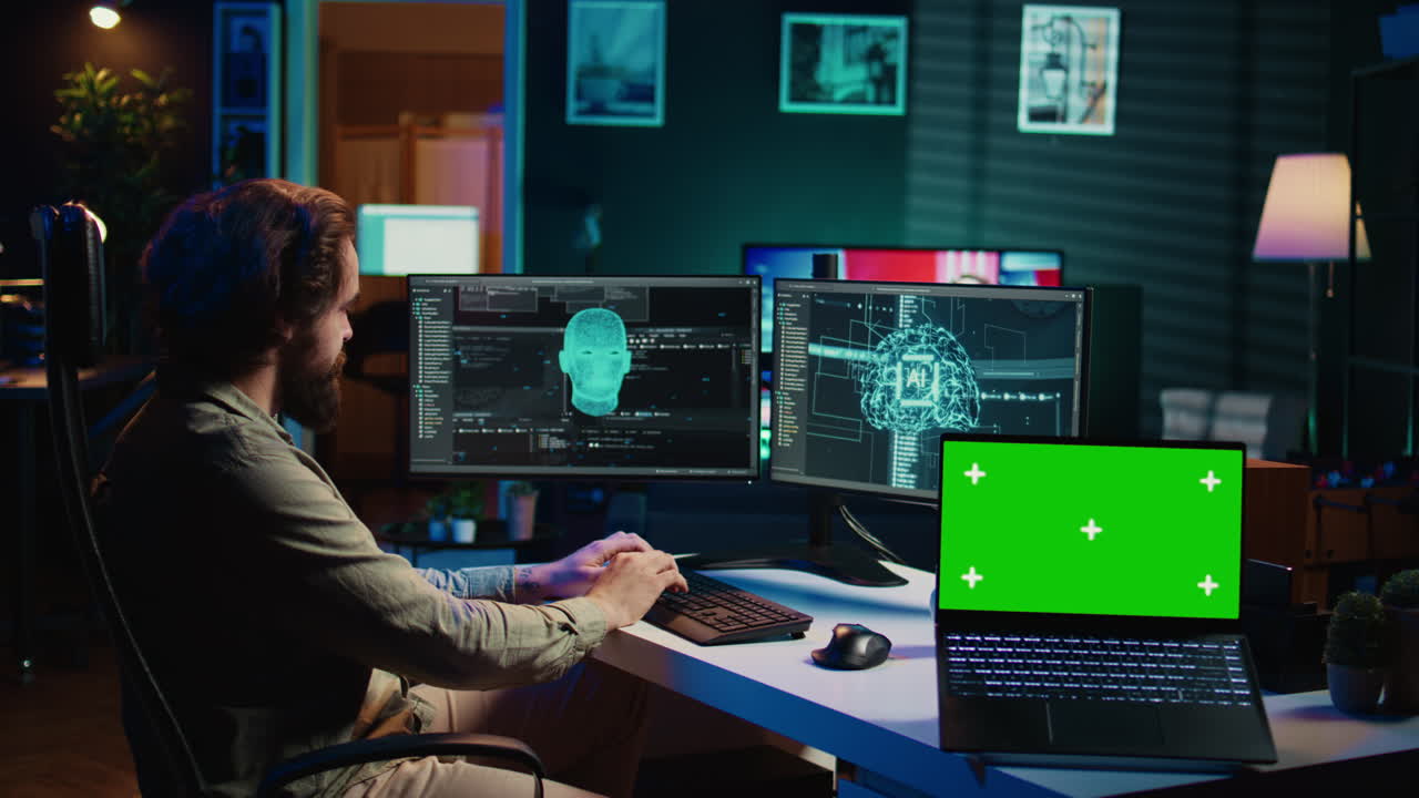 ingeniero con auriculares eeg en la fusión con ai, portátil de pantalla verde